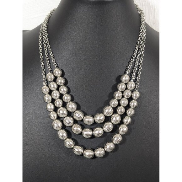 Silver Tone Ribbed Bead Triple Layer Statement Necklace Bib 21" - Picture 1 of 6